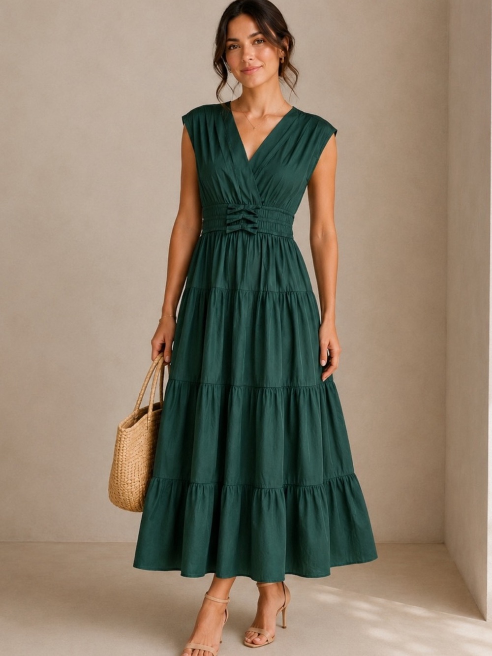 Anthropologie brand Meadow Rhodes Forest Green V-Neck Tiered Maxi Dress